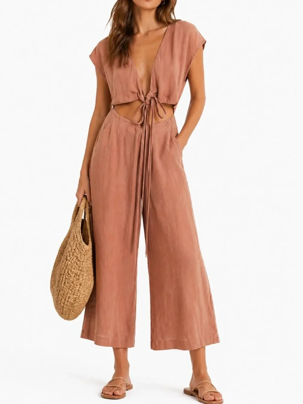 Aritzia Wilfred Linen Blend Wide Leg Jumpsuit size 2 beach boho vacation flowy